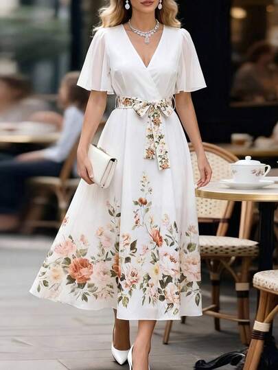 Editum Women's V-Neck Puff Sleeve Elegant Floral Print Dress,Elegant Positioning Printed Dress, Date Dress, Commuting Dress, Party Dress, Multifunctional Dress