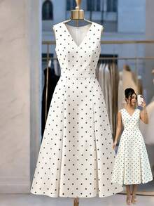 SHEIN Franclia Đầm midi dáng suông, không tay, cạp cao, thanh lịch, nhẹ nhàng, họa tiết chấm bi đen trắng, thích hợp cho buổi hẹn hò mùa hè dành cho nữ. - Đen và trắng - Xem 1