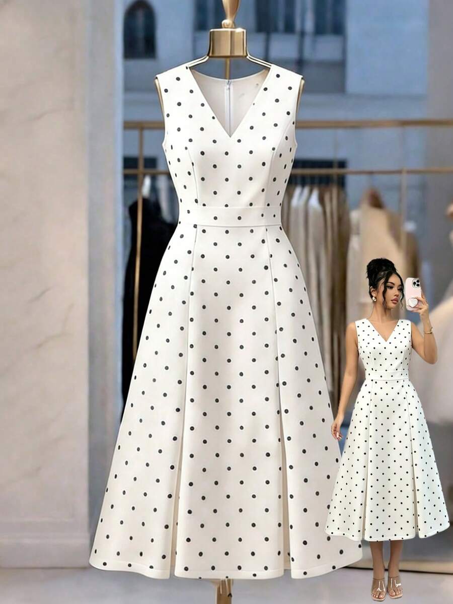 SHEIN Franclia Đầm midi dáng suông, không tay, cạp cao, thanh lịch, nhẹ nhàng, họa tiết chấm bi đen trắng, thích hợp cho buổi hẹn hò mùa hè dành cho nữ. - Đen và trắng - Xem 1