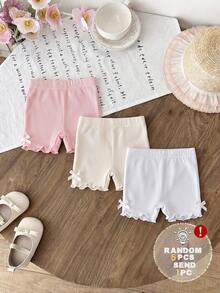 SHEIN Vintaside Kids 3件組女嬰0-3歲可愛夏季度假奶油白粉色灰色羅紋針織短褲套裝 柔軟彈性休閒運動貼身短褲 適合居家與戶外 - 彩色 - 查看 8