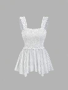 SHEIN Sweetro Women's White With Black Polka Dots Peplum Ruffle Hem Blouse Vacation Summer Cute Brunch Picnic - White - View 1