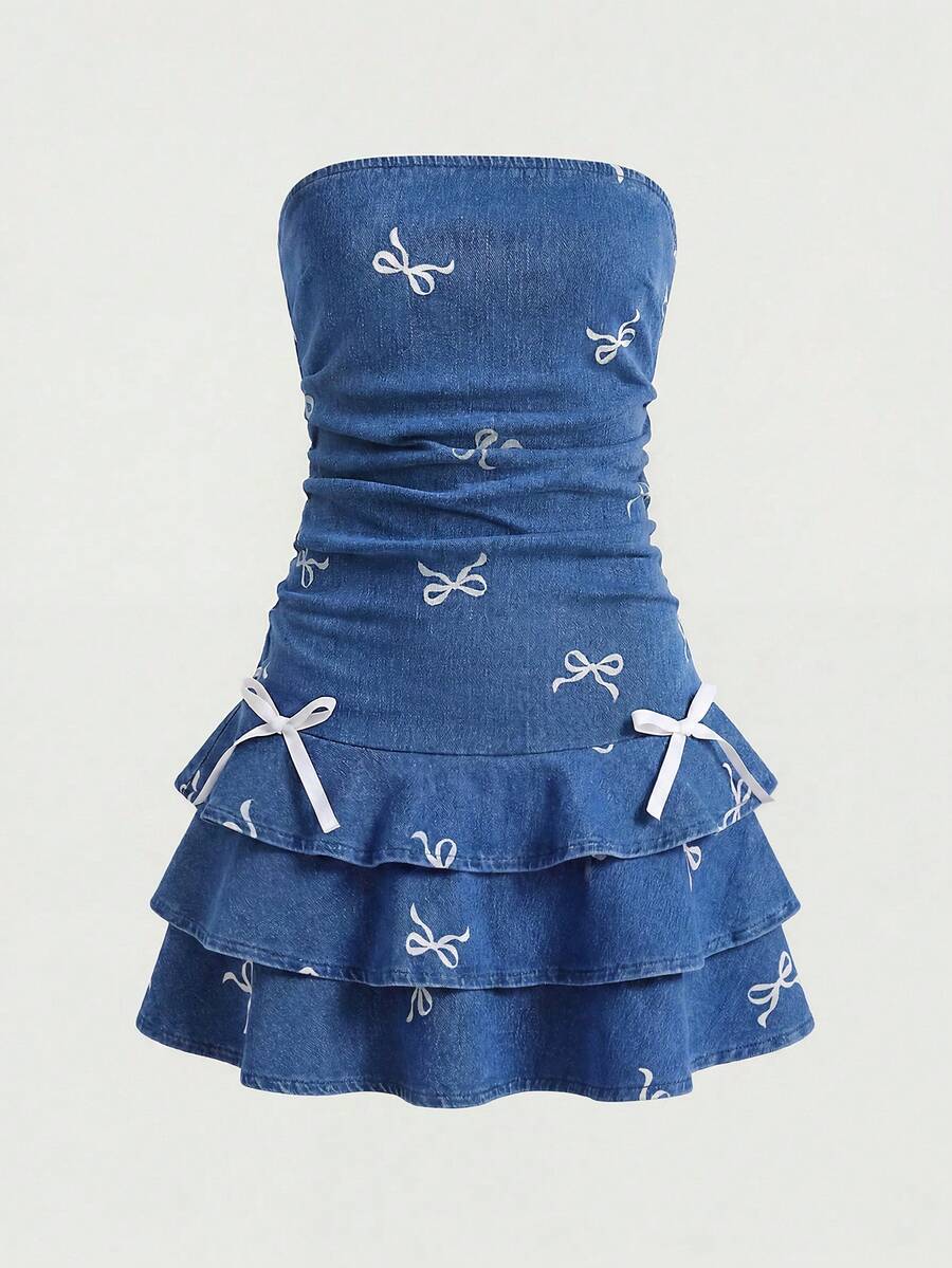 SHEIN Girlism Tween Girls Y2K Stonewashed Snug Fit Dress With Layer And Bowknot Detailed - Blue - View 1