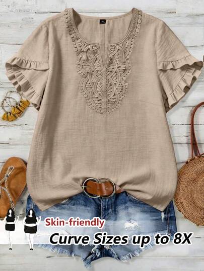SHEIN CURVE+ Blusa casual con cuello a cuadros y mangas con volantes, adecuada para salidas diarias, ir al trabajo y vacaciones, para damas de talla grande