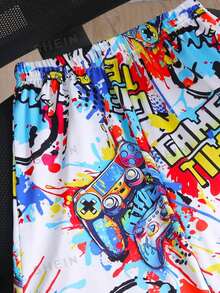 Teenager (Boys) Gaming Console Splatter Paint Street Casual Sports Vest & Shorts Set, Breathable For Spring/Summer - Multicolor - View 3
