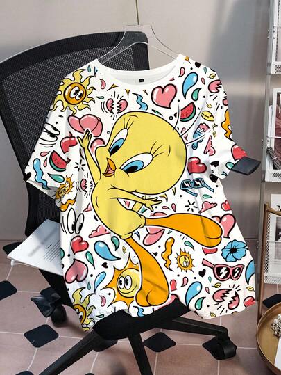 LOONEY TUNES X SHEIN Áo thun tay ngắn cổ tròn in hình hoạt hình cỡ lớn, kiểu dáng thường ngày, thích hợp cho mùa hè.