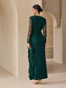 Graceveil Vestido elegante para mujer con cuello drapeado, cintura fruncida y encaje de contraste en color verde oliva - Verde Oscuro - Ver 2