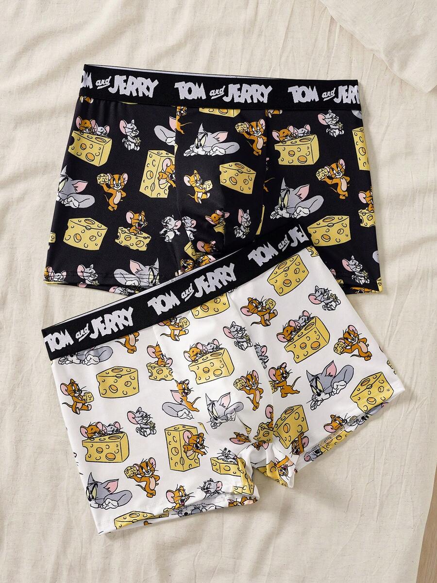 TOM & JERRY X SHEIN 2条装 男士字母卡通印花休闲日常三角裤 - 黑與白 - 查看 1