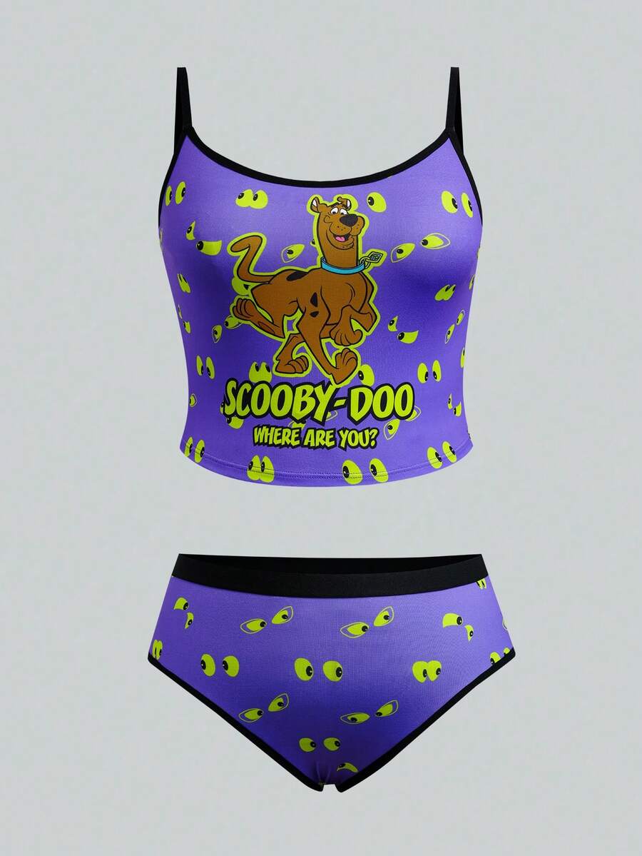 SCOOBY-DOO X SHEIN 大码女士内衣套装,吊带背心和内裤 - 紫色 - 查看 1