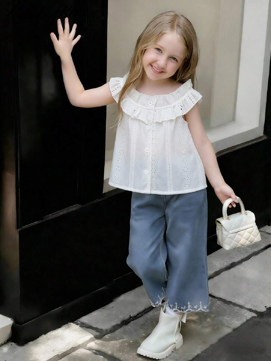SHEIN 2pcs/Set Girls Casual Ruffle Trim Round Neck Embroidered Lace Vest Top+Denim Flared Leg Pants Suit,Summer,Family Matching,Vacation,Travel Daily Wear - White - View 1