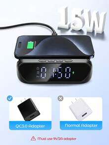 Teckwe Đồng hồ kỹ thuật số để bàn kiêm báo thức và sạc điện thoại không dây 15W - Thiết bị để bàn 2 trong 1 - màu đen - Xem 3