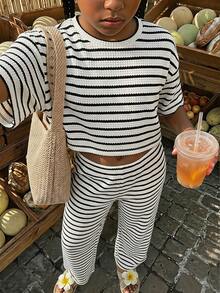 SHEIN Tween Girls' Spring/Summer Coordinated Casual Jacquard Striped T-Shirt And Pants Set - Multicolor - View 7
