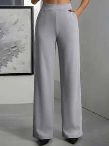 EURMUSE Plus Size Women's Casual Solid High Waist Straight Leg Pants - Light Grey - View 5