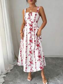 Elenzga Latest Spring & Summer Blue And White Floral Print Elegant Waist Shirred Dress, Suitable For Vacation And Work - Pink - View 6