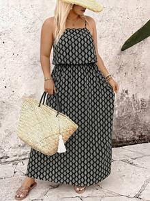 Breezaya Plus Size Full Print Camisole Dress - Black and White - View 4