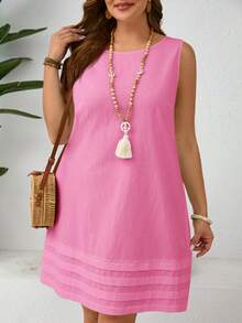 EMERY ROSE Plus Size Women Solid Color Round Neck Casual Summer Dress - Hot Pink - View 1