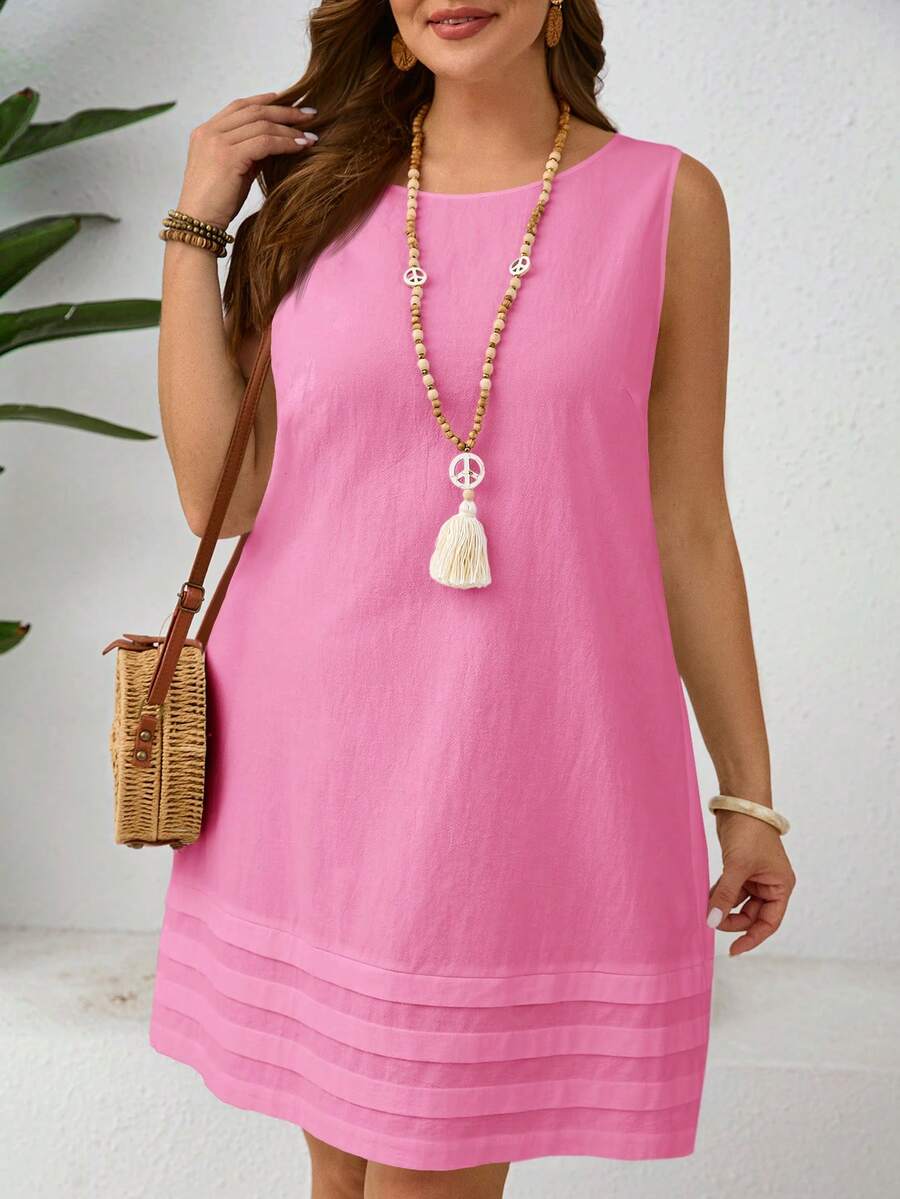 EMERY ROSE Plus Size Women Solid Color Round Neck Casual Summer Dress - Hot Pink - View 1