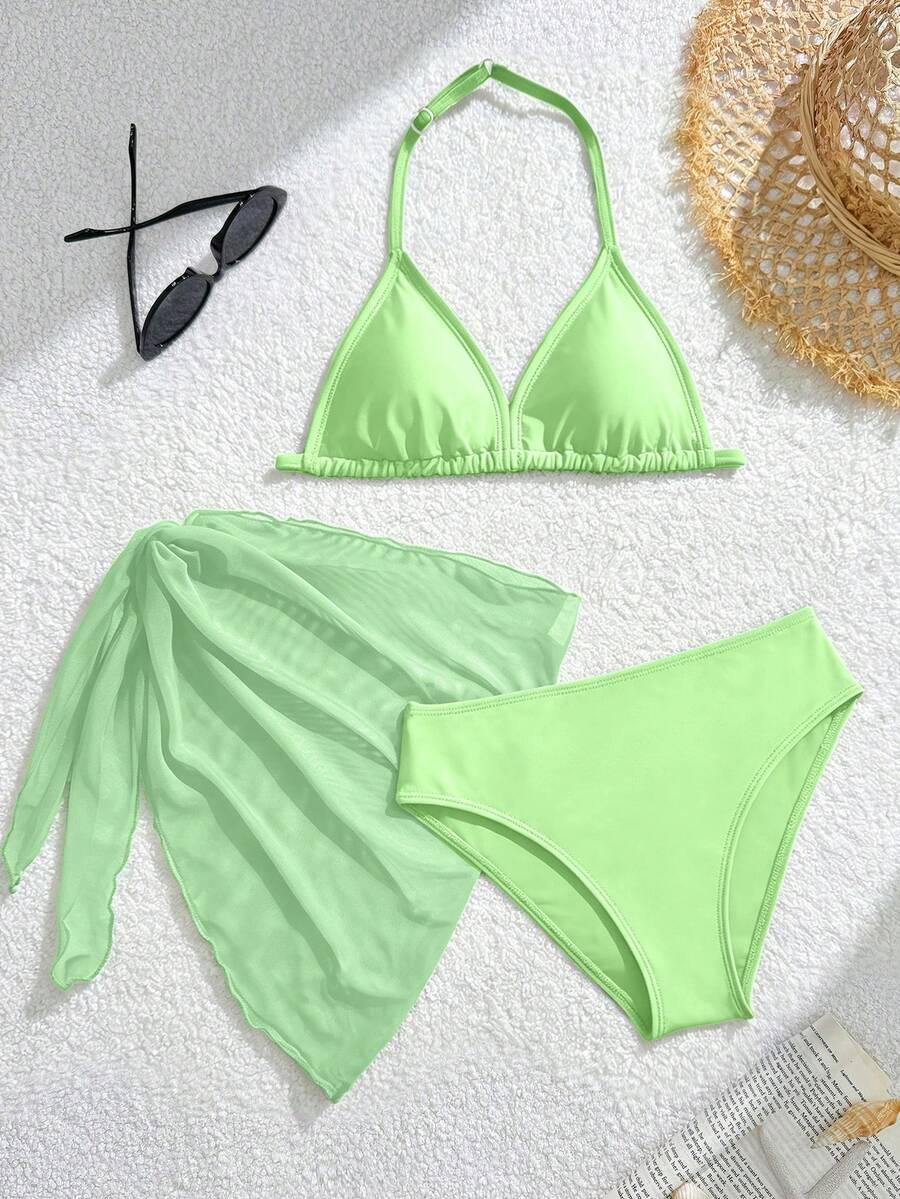 SHEIN Bộ đồ bơi 3 món màu đen dành cho bé gái tuổi teen, thích hợp cho kỳ nghỉ biển, tiệc tùng, mùa xuân/hè. - màu xanh lá - Xem 1