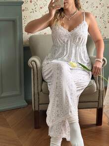 CottageSlumber Plus Size Women Romantic Floral Contrast Lace Trim Wide Leg Pajama Set - Multicolor - View 9