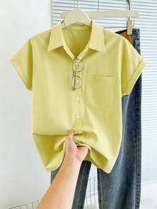 SHEIN Franclia 女士夏季休闲度假通勤简约纯色拼接短袖衬衫 - 淡黃色 - 查看 3
