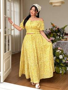 FleurLily Plus Size Women's Summer Yellow Boho Picnic Holiday Ditsy Floral Off-Shoulder Puff Sleeve Shirred Slim Shirt,Layered Ruffle Hem Skirt Two Pieces Set - Yellow - View 4