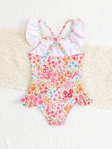 SHEIN 小女孩可爱多色碎花双层荷叶边连体泳衣，适合游泳、夏季、海滩度假 - 彩色 - 查看 2