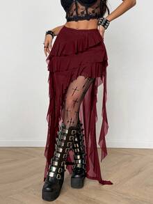 Coolane Váy dài nữ mùa Xuân/Đông phong cách Gothic Y2K, thời trang đường phố, du lịch, Boho Y2K, nhạc đồng quê, Gyaru, ren, bất đối xứng, xếp nếp, tua rua, màu đen, cạp thấp. - Màu Đỏ Sâu - Xem 6