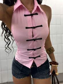 StreetHx 女士时尚百搭条纹黑色系带衬衫，适合约会和度假穿着 - 彩色 - 查看 6