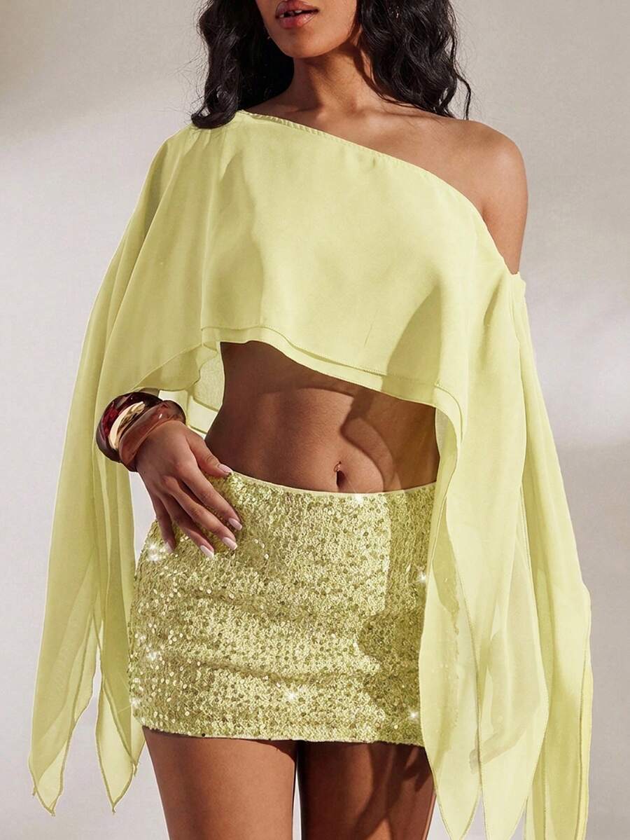 Opulessa 2pcs Solid Color Knit Fitted Tube Top & Asymmetric Neck Loose Woven Blouse Set,Summer Top - Light Yellow - View 1