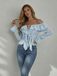Glamine 女士绿色荷叶边下摆休闲度假沙滩衬衫，夏季 - 藍色 - 查看 6