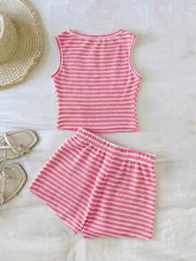 SHEIN Tween Girl Casual Comfortable Round Neck Sleeveless Starfish Decor Striped Tank Top And Shorts 2-Piece Set - Hot Pink - View 2