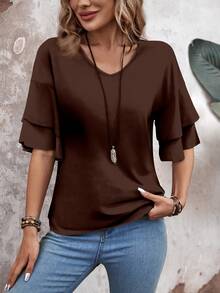 Women's Double Layer Ruffle Trim Short Sleeve T-Shirt - Coffee Brown - View 4