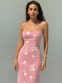 Aloruh 新款复古绿色花卉提花刺绣浪漫度假修身连衣裙，海滨度假茶歇裙 - 藕粉色 - 查看 6