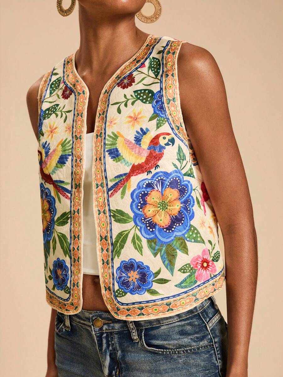 Travachic Áo tank top phong cách thường ngày đi nghỉ mát, in họa tiết hoa và chim nhiệt đới. - Nhiều màu - Xem 1