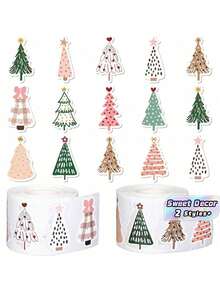 500 Sheets/Roll Of Christmas Bohemian Stickers-Pastel Christmas Tree Stickers, Including Pine Trees, Polo Dots And Bows-Self-Adhesive (No Need To Cut)-Suitable For Holiday Decorations, Gifts, Greeting Cards, Parties-One-Time Use-Very Suitable For Home, Office Or Classroom Decoration, Holiday Handwork, Fun Design, Easy To Tear, Decorative Labels, Gift Wrapping Paper - multicolor - View 1