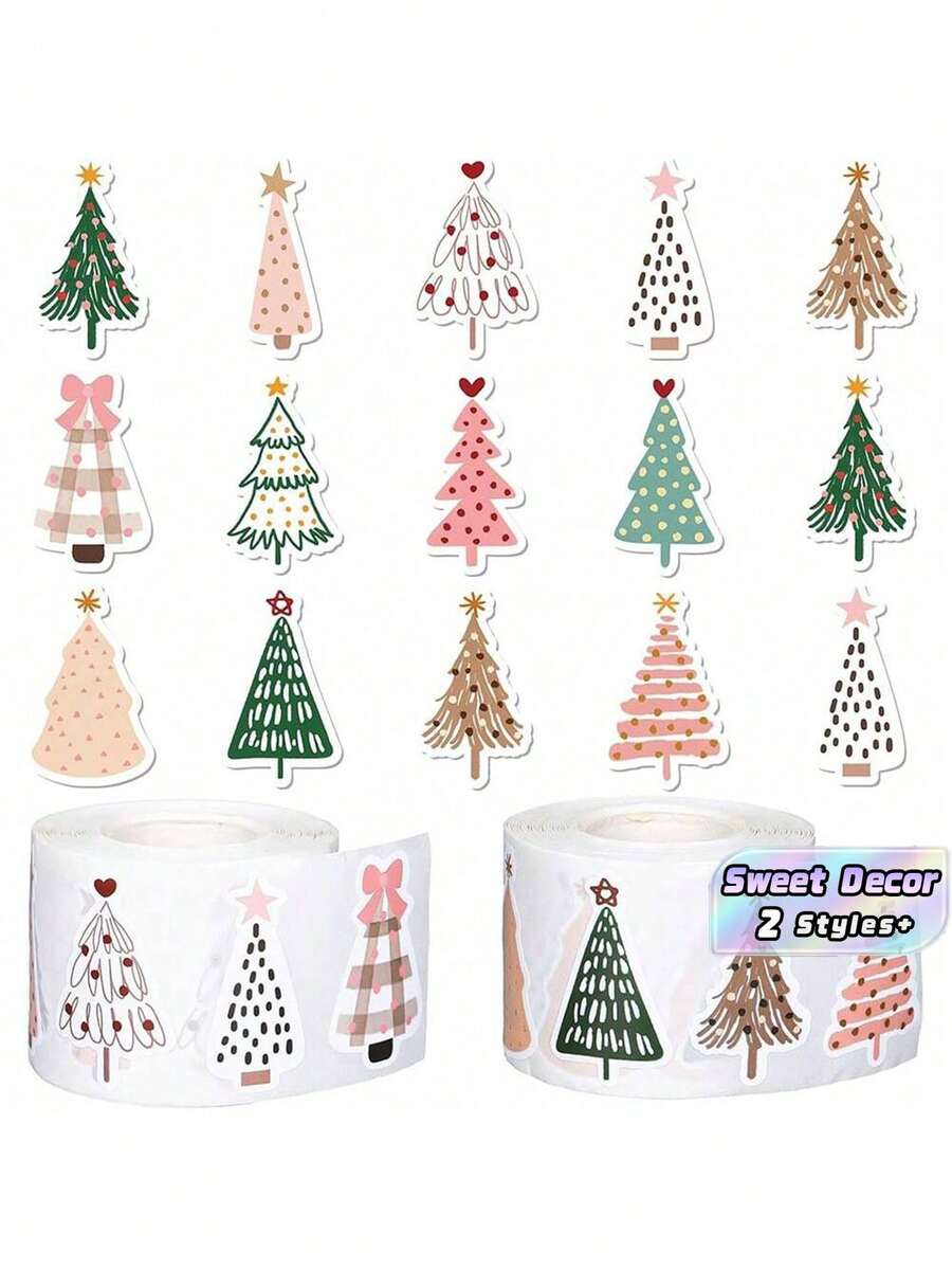 500 Sheets/Roll Of Christmas Bohemian Stickers-Pastel Christmas Tree Stickers, Including Pine Trees, Polo Dots And Bows-Self-Adhesive (No Need To Cut)-Suitable For Holiday Decorations, Gifts, Greeting Cards, Parties-One-Time Use-Very Suitable For Home, Office Or Classroom Decoration, Holiday Handwork, Fun Design, Easy To Tear, Decorative Labels, Gift Wrapping Paper - multicolor - View 1