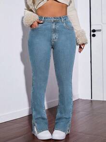 SHEIN ICON Plus Size Women Pockets Button Casual Versatile Daily Wear Denim Jeans - Light Wash - View 1