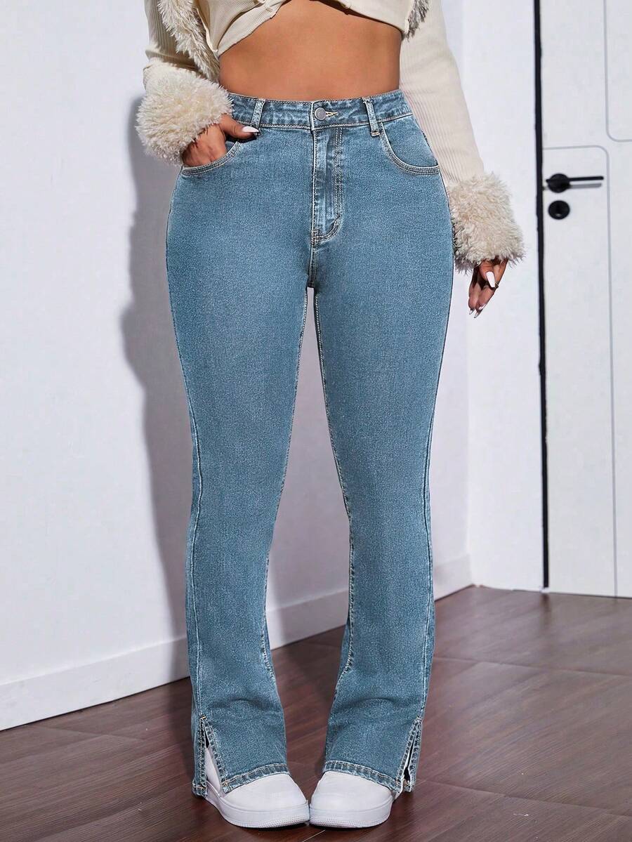 SHEIN ICON Plus Size Women Pockets Button Casual Versatile Daily Wear Denim Jeans - Light Wash - View 1
