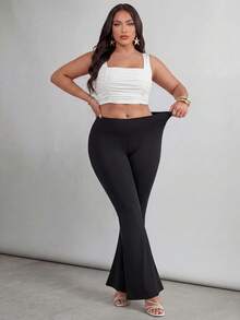 SHEIN Tall CURVE 大码女装秋冬返校休闲家居服瑜伽舒适户外纯黑色针织弹力腰高腰口袋喇叭裤，带口袋打底裤 - 黑色 - 查看 15