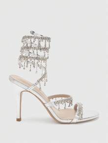 Glitzique Women's Stiletto High Heel Sandals, Fashion Minimalist Strap With Rhinestone Snake Wrap Round Toe, Basic Style For Summer & Autumn - Silver - View 5