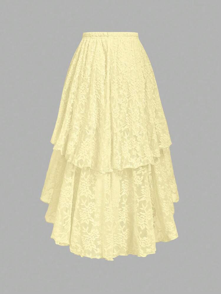 SHEIN MOD Vintage Regal Floral Jacquard Double-Layered Hem Skirt, High-Low Design, Date, Party, Birthday - Yellow - View 2