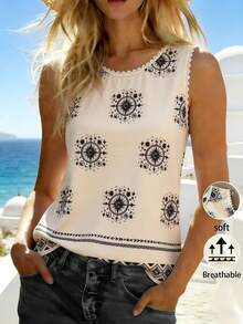 EMERY ROSE Women's Printed Bamboo Texture Ruffle Trim Sleeveless Blouse - White - View 4