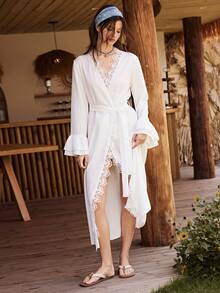 Lullawish Bohemian Resort Style Palace Water-Soluble Lace Patchwork Double Ruffle Cuff Solid Color Long Women Robe - White - View 6