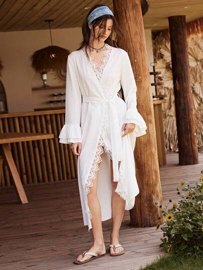 Bata larga de mujer de unicolor con doble volante de puño, estilo de encaje hidrosoluble y estilo palaciego bohemio de resort