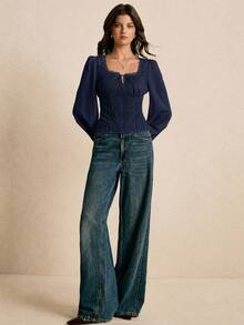 Poéselle Women's Elegant Solid Color Contrast Lace Twist Collar Lantern Sleeve Blouse - Navy Blue - View 7