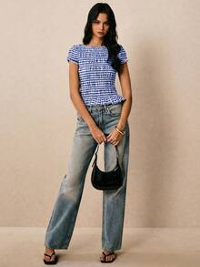 Poéselle Women's Striped Ruffle Hem Casual Blouse,Summer Top - Blue and White - View 7