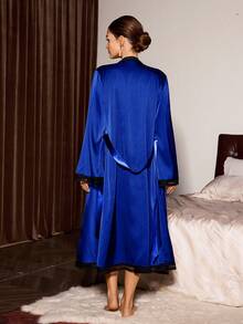 Slumberist Faux Silk Lace Patchwork Criss-Cross Backless Tie Robe & Slip Dress 2 Pieces Set For Women - Royal Blue - View 2