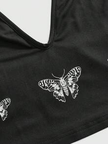 ROMWE Fairycore Outdoor Vacay Summer Outfits Plus Size Women 2 Pieces Set With Dark Gothic Raven, Dead Tree, Skull, Butterfly, Moth, Mushroom All-Over Print - Black - View 10