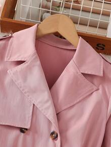 SHEIN 一件时尚女童卡其色梭织翻领双排扣系带长款外套，适合春、秋、冬、户外、旅行、休闲、居家、通勤等场合。 - 粉色 - 查看 3