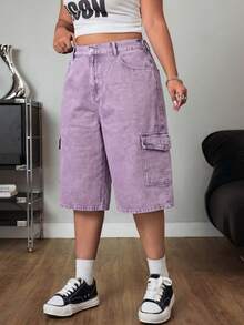 SHEIN ICON Pantalones cargo azul desgastado de corte recto y holgado con bolsillos grandes - Morado - Ver 4