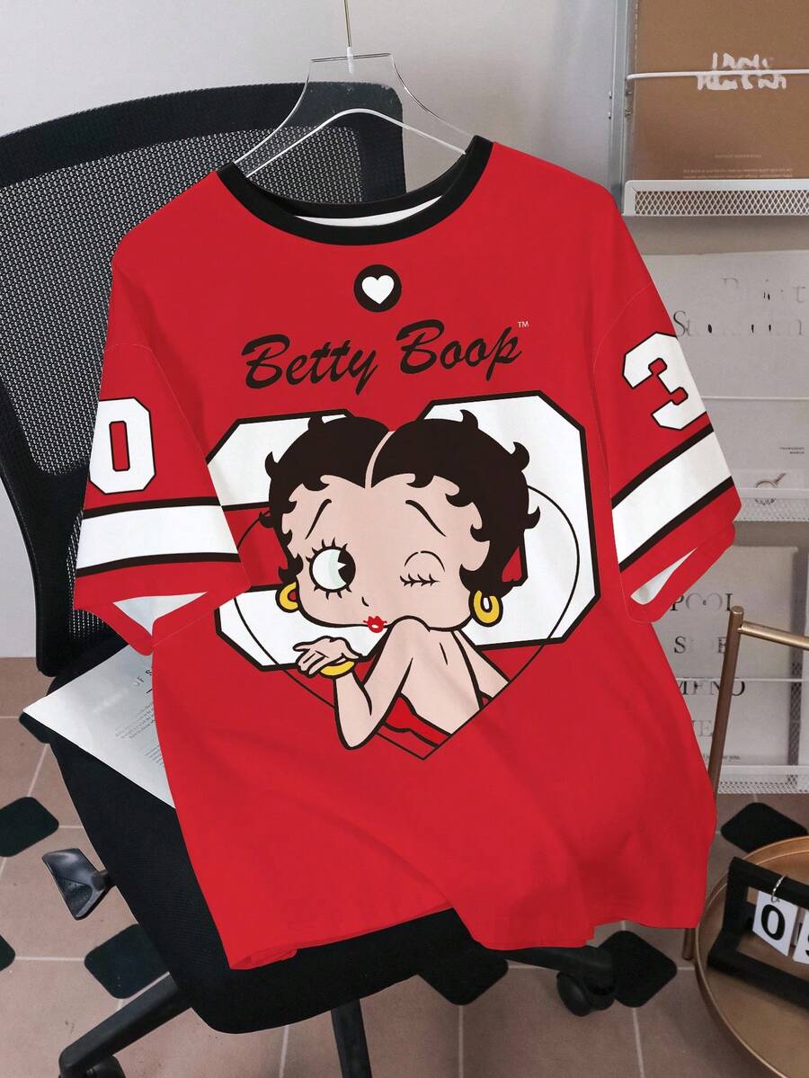 Betty Boop x SHEIN Áo thun nam tay ngắn cổ tròn in chữ, kiểu dáng thường ngày. - trắng - Xem 1